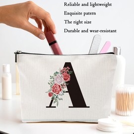 Rose Letter Initial A Makeup Bags for Women Lined Monogram Cosmetic Bag with Zipper Birthday Gifts for Women Girls Bridesmaid Best Friends Sisters, Travel Toiletry Bag, Wedding Gifts