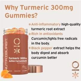 Nutriburst Turmeric Curcumin with Black Pepper Extract - Powerful Antioxidants & Anti-inflammatory, Supports Joint & Muscle Health - Vegan, Sugar Free - 60 Ginger Gummies - 1 Month Supply