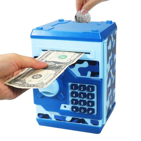 HUSAN Piggy Banks for Kids, Electronic Password Code Money Banks ATM Banks Box Coin Bank for Children Boys and Girls (Camouflage Blue)