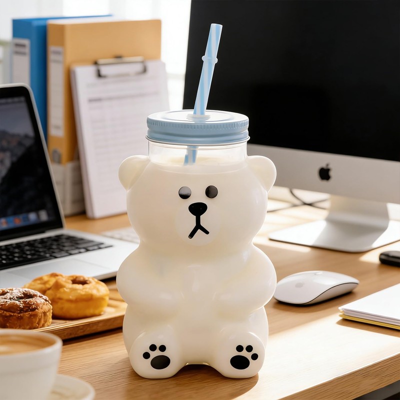 Kawaii Bear Sippy Cup 19oz, Clear Bear Glass Cup with