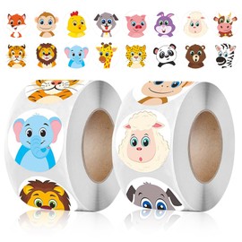 Pack of 1000 Motivational Stickers for Children, Round Animal Stickers, Teacher Reward Stickers, Animal Stickers, Roll Decoration Stickers for Schools, Classrooms, Home (2 Rolls)