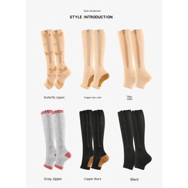 Roiii Hiking Zipper Compression Socks Women & Men - 2Pairs-3 Pairs Calf Knee High 15-20mmHg Open Toe Compression Stocking For Nurse Office Teacher Pregnant Shifts Swollen Legs Stocking
