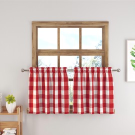 Short Christmas Curtains for Windows Treatment Buffalo Check Plaid Valances Gingham 2 Pack Tiers Rod Pocket Red and White Decor Small Curtains Over Sink for Kitchen/Living Room 30 Inch Length
