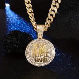 "Stay Humble Hustle Hard" Encouragement Pendant Necklace, Punk Rock Hip Hop Fashion, with Full Rhinestones 20" Cuban Chain Jewelry Style - Colour: Silver