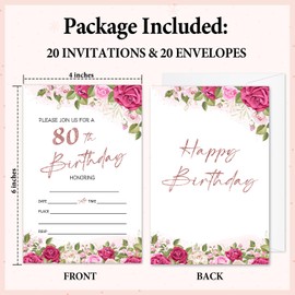 Zyoge 80th Birthday Invitations, 80 Years Old 20 Set Double-Sided Blank Invites Cards & Envelopes For Women Men Adults, Floral Birthday Party Favor Supplies -card22