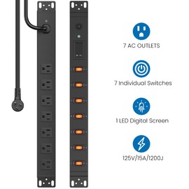 HHSOET 7 Outlet PDU Power Strip with Digital Display, 1U, Black, 6FT, 1