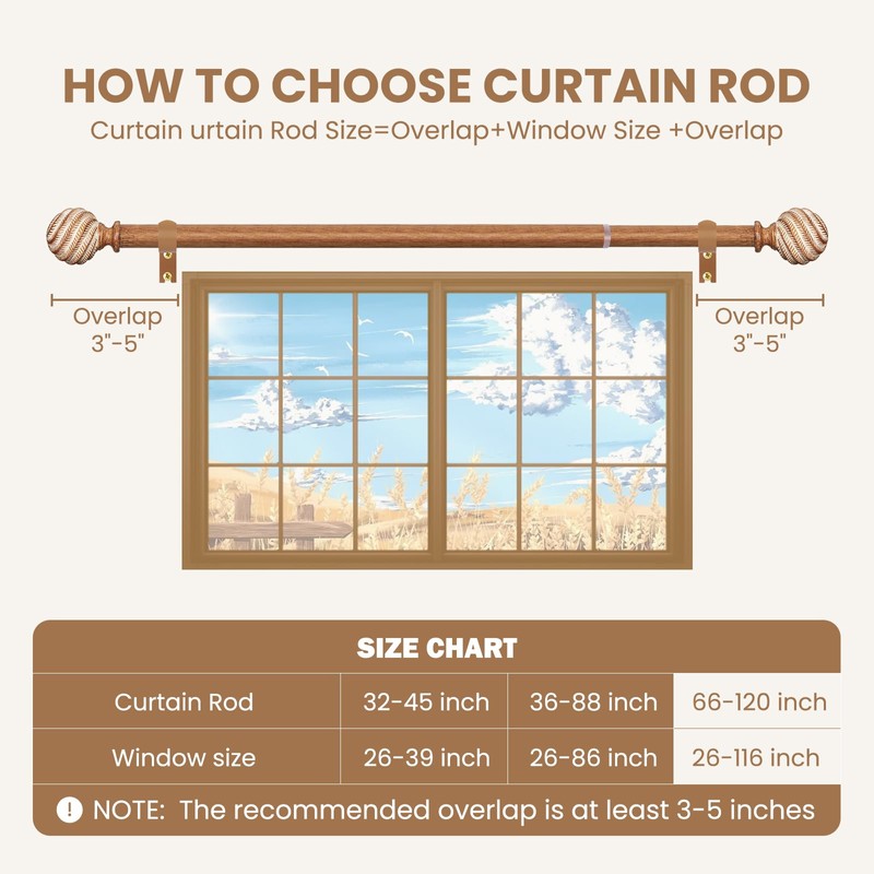 TKZTKZ Wood Curtain Rods for Windows 66-120" 2 Pack:Boho Farmhouse