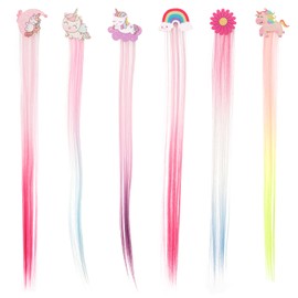HIFOT Pack of 6 Hair Extensions Clips Straight Hair, Unicorn Flower Rainbow Girls Hair Accessories, Colourful Hairpieces Synthesis Party Dress