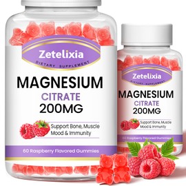 Magnesium Citrate Gummies 200 mg, High Absorption Magnesium Gummies for Adults, Bone, Muscle and Teeth Support, 120 Natural Raspberry Gummies