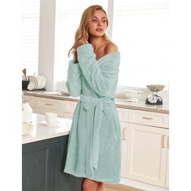 Ekouaer Womens Knee Length Bathrobe Fuzzy Soft Robes Plush Bathrobe Plus Size Warm Robes Mint XXL