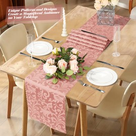 MILVOWOC 4 Pack Rose Gold Satin Table Runner, 12 x 72 Inch Jacquard Damask Table Runner Rectangle Bright Silky Decorative Table Runner for Party Banquet Birthday Dinner Wedding Table Decor