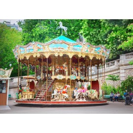 Loccor 7x5ft Fabric Amusement Park Carousel Backdrop Forest Park Traditional Carousel Ride Background Birthday Party Decorations Kids Baby Shower Photo Props