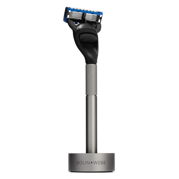 Bolin Webb Generation Razor and Stand in Graphite Equipped with Gillette Fusion5 Blade Luxury Razor for Men
