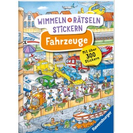 Ravensburger Wimmeln, Rätseln, Stickern: Fahrzeuge - Stickerbuch ab 4 Jahren, 13 Wimmelbilder, über 300 Sticker, Fahrzeuge