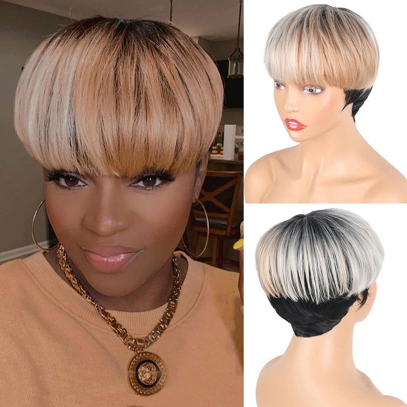 LEOSA Pelucas de Corte Pixie con Flequillo para Mujeres Negras,