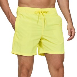 FREDRM Mens Swim Trunks Quick Dry Boardshorts with Mesh Lining Above Knee Swimwear Bathing Suits, Bright Yellow, Large