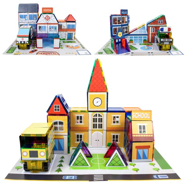 PicassoTiles 3-in-1 Theme Set School Hospital Police Station Magnet Self Adhesive Backing Stick-On Sheet Combo w/ Car Magnet Building Block Playset STEM Learning Construction Brain Development Kit