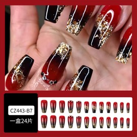 Vopintpy Black Red Gradient Fake Nails with Gold Glitter Glue on Nails Long Square Rhinestones Press on Nails Glossy Acrylic Stick on Nails for Women DIY Charm Manicure