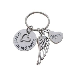 Mother Memorial Keychain, Wing Charm, Mom Heart Charm & Forever in My Heart Disc Charm; My Guardian Angel Keychain