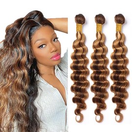 Biliisyff P4/27 Highlight Ombre Honey Blonde Brazilian Human Hair Bundles Deep Wave Human Hair Weave Double Weft Honey Blonde Deep Wave Ombre Brown Wet and Wavy Hair Weft 3 Bundle 8 10 12 Inch