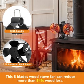 Log Burner Fan, 8 Blades Wood Stove Fan, Wood Burning Stove Fan Heat Powered Fan with Magnetic Thermometer, Silent Motors, Push Horizontal Air Flow, Wood burner fan for Wood Burning Stove