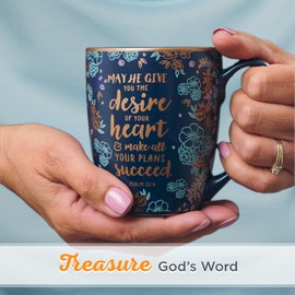 Christian Art Gifts Blue Bible Verse Mug – Floral Faith Mug for Women & Men, Ceramic Coffee Mug w/Gold Trim & Psalm 20:4 Calligraphy – “The Desires of Your Heart” Mug, 12 oz