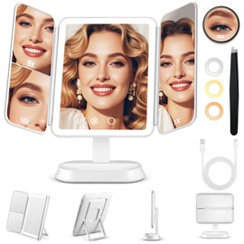 Lighted Makeup Mirror with 30X/10X/5X Magnification, Detachable Design for Travel, Rechargeable Trifold Mirror with 3 Color& Adjustable Brightness, Portable Makeup Mirror with Lights for Desk