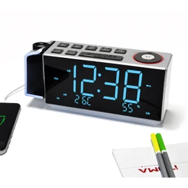 iTOMA Projection Alarm Clock with FM Radio, Bluetooth, Temperature & Humidity Display, Dual Alarm, Snooze, USB Charging, Night Light and Dimmer Control CKS509