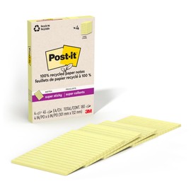 Post-it 100% Recycled Paper Super Sticky Notes, Canary Yellow, Lined, 4 in. x 6 in., 4 Sticky Note Pads, 45 Sheets per Pad, School Supplies and Office Products