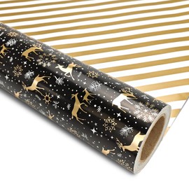LDGOOAEL Reversible Christmas Wrapping Paper Jumbo Roll - Black with Gold Foil Reindeer & Stripes - 30 inches x 100 Feet