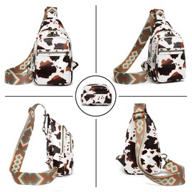 FAYBA Small Sling Bag for Women Crossbody Fanny Pack, Cow Print PU Leather Wide Guitar Strap Chest Sling Backpack Purse