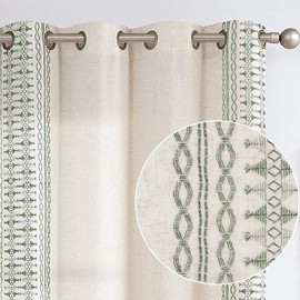 Vangao Boho Curtains Sage Green Linen Blend Embroidered Bordered Curtains for Bedroom Living Room Curtains Drapes 96 Inches Long Light Filtering Grommet Window Treatment 2 Panels Sage on Beige