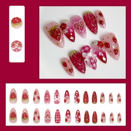 24 Pcs Red Press on Nails Short Almond Nail Tips,YEFIUO Acrylic Nail Kit Fake Nails Press ons Glue on Nails Artificial French False Nails Strawberry Flower Bow Stick on Nail Art Design for Women