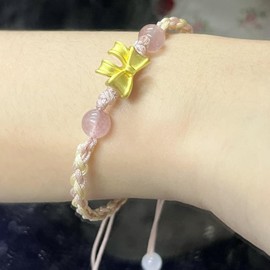 LIU JUN Bow Bracelet For Women, Gold Bowknot Strawberry Quartz Bead Two-Tone Hand Rope Braided Inspirational Adjustable Lucky Gift Jewelry (Pink Yellow Gold)