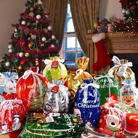 25Pcs Christmas Drawstring Gift Bags Set ‚Äì Assorted Sizes (Large/Small), 20 Festive Designs with Tags, Reusable Xmas Wrapping & Goody Bags for Presents & Party Favors:_50PCS