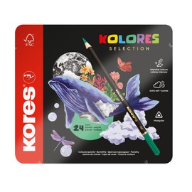 Kores - KOLORES SELECTION - 24 Colouring Pencils for Adults & Artists, FSC Wood with Soft Lead, Triangle Shape, Premium Art and Hobby Supplies, Set of 24 Different Colours in Metal Case