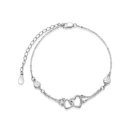 White Anklet for Women Sterling Silver Birthstone Anklet Double Heart Anklets White Crystal Anklet Summer Jewelry April Birthstone Beach Foot Anklet Valentine's Day Wedding Jewelry for Bride Teen