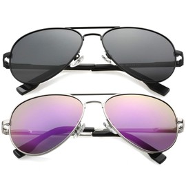 Kursan Kids Small Polarized Aviator Sunglasses for Boys Girls Age 4-18, 100% UV400 Protection, 52MM ((2 Pack) Black Frame Black Lens/Silver Frame Purple Mirrored)