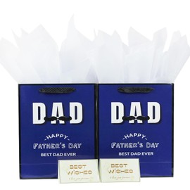 2 Pack 13" Large Father's Day Gift Bags with Tissue Paper, Reusable Paper Men Bags with Handles, Black Blue Gift Packaging for Fathers,Best Dad Father's Day Gifts (with Cards) for Dads