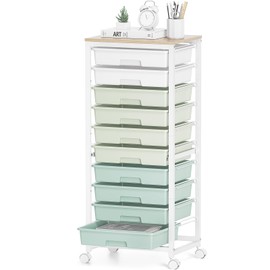 SYKIARIOL Rolling Cart with Drawers,10 Drawer Rolling Cart,Storage Cart,Utility Cart,Teacher Cart for Classroom Storage,Craft Cart with Wheels and Wooden Tabletop,Green