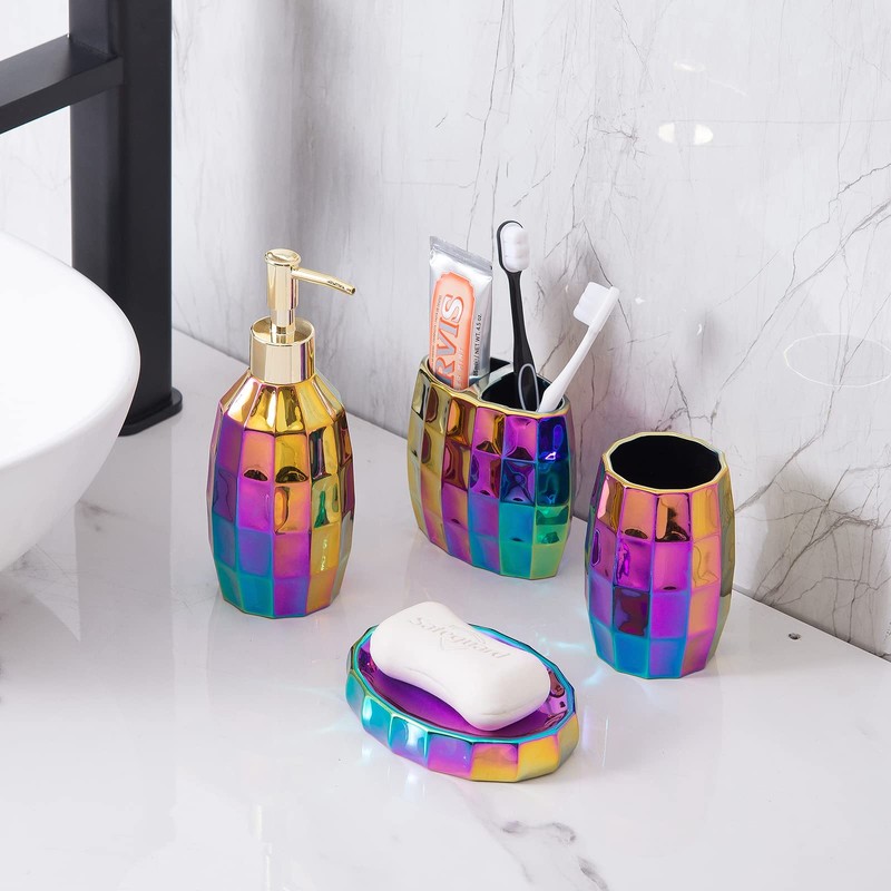 Rainbow Bathroom Accessory Set, Colorful/Gold Mosaic Ceramic Bathroom Accessories Sets