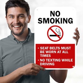 No Smoking Seat Belt Must Be Worn At All Times No Texting While Driving Sign, 12x18 Inches, 55 mil thick HDPS (high density polystyrene), Made in USA by My Sign Center