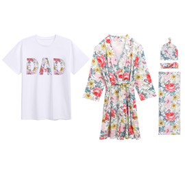 Mommy and Me Robe and Swaddle Set Floral Maternity and Baby Matching Hospital Labor Delivery Swaddling Wrap Blanket T-Shirt with Headband Hat for Mom Dad Girls Boys Outfit Colourful Flower 4pcs L/XL