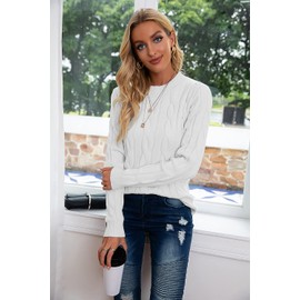 Breampot Women Cable Knit Jumper Casual Basic Long Sleeve Pullover Sweater Tops(White,Medium)