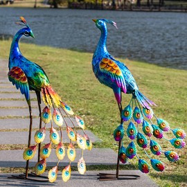 Kircust Peacock Garden Statue and Sculpture, Metal Peacocks Yard Art Lawn Decor, Large Birds Garden Sculptures & Statues for Patio Backyard Pond Home Decoration
