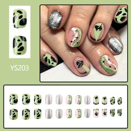 24Pcs Short Press on Nails Square Fake Nails Black Cat Glue on Nails Full Cover Acrylic Nails Cute False Nails with Glitter Designs Green Stick on Nails Reusable Artificial Nails for Women
