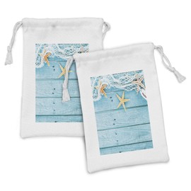 Ambesonne Starfish Fabric Pouch Set of 2, Rustic Wood Boards Fishing Net and the Ocean Animals Nautical Print, Small Drawstring Bag for Toiletries Masks and Favors, 9" x 6", Turquoise White Orange