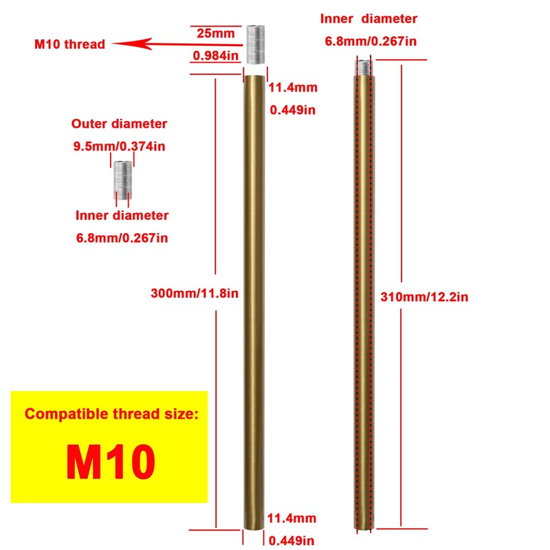 Haligate Brushed Brass M10 Threaded Extension Rod for Pendant Light,