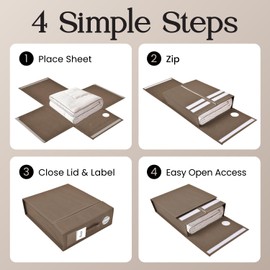 TOSORO 4 Pack Bed Sheet Organizer and Storage, Foldable Storage Bed Sheet Organizer for Linen Closet with Viewing Window & Label for Bedding Sheets & Blankets (Queen & King Size) Taupe