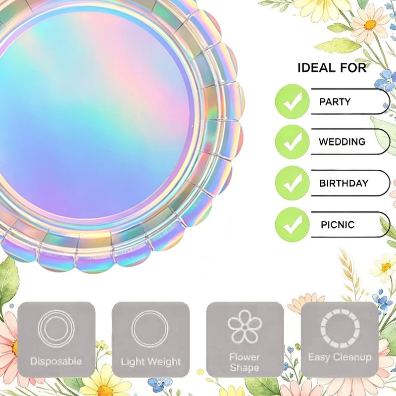 50 Pack Silver Scalloped 7 Inch Paper Plates, Disposable Flower